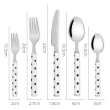 (White base with black dots five-piece set) Western-style stainless steel steak cutlery set: long handle, thick polka dot fork & spoon for home use