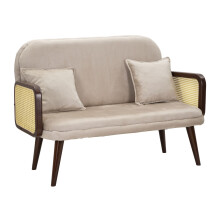 Divano in tessuto beige con braccioli in legno cm 131x80x93