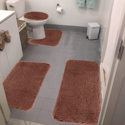 Set di 4 tappeti da bagno – Velluto marrone, antiscivolo e