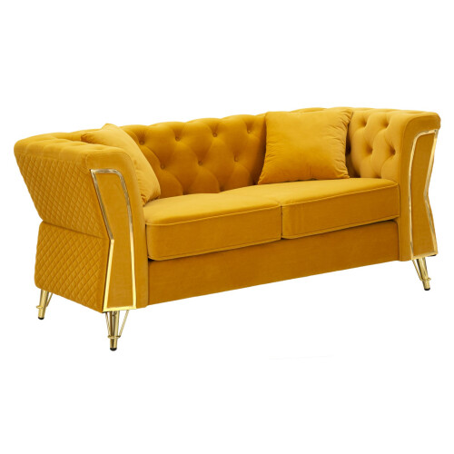 Divano in metallo e velluto senape con cuscini cm 162x83x76