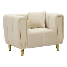 Poltrona in metallo dorato e velluto crema con cuscino cm 97x81x71