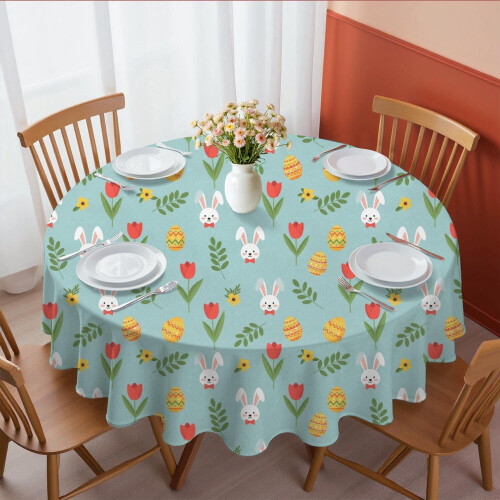 Light Blue Tulip Print Round Tablecloth 60 Inch