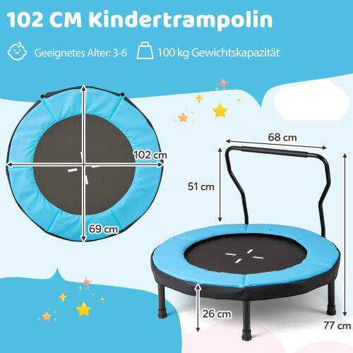 Kids Trampoline with Handle, 102 cm, 100 kg Capacity, Blue