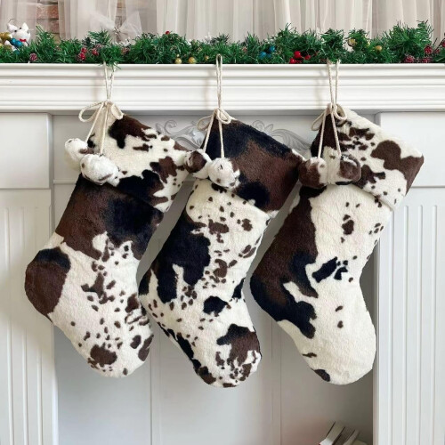 Weihnachtsstrümpfe mit Kuhmuster, Plüsch-Kunstfell, 3er-Pack