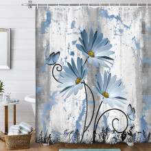 Duschvorhang im Landhausstil, blau-grau, Gänseblümchen- und Schmetterlingsmuster