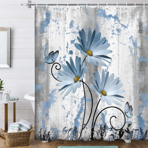 Κουρτίνα ντους Farmhouse με σχέδιο μπλε γκρι μαργαρίτα και πεταλούδα