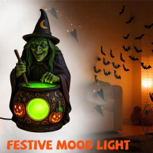 Halloween Witch Cauldron Night Light – Resin, 18 cm