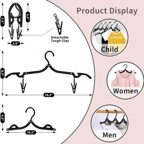 12-Pack Black Foldable Travel Hangers with 24 Clips 1