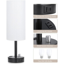 Modern Dimmable Table Lamp with USB-C, USB & Outlet –