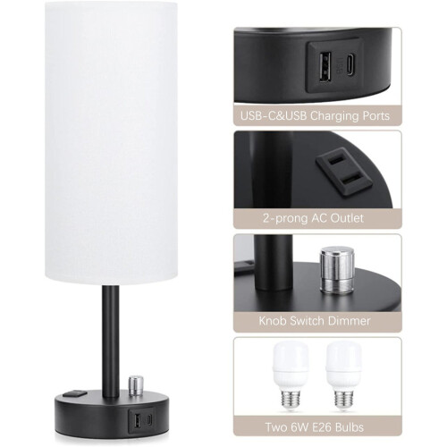 Modern Dimmable Table Lamp with USB-C, USB & Outlet –