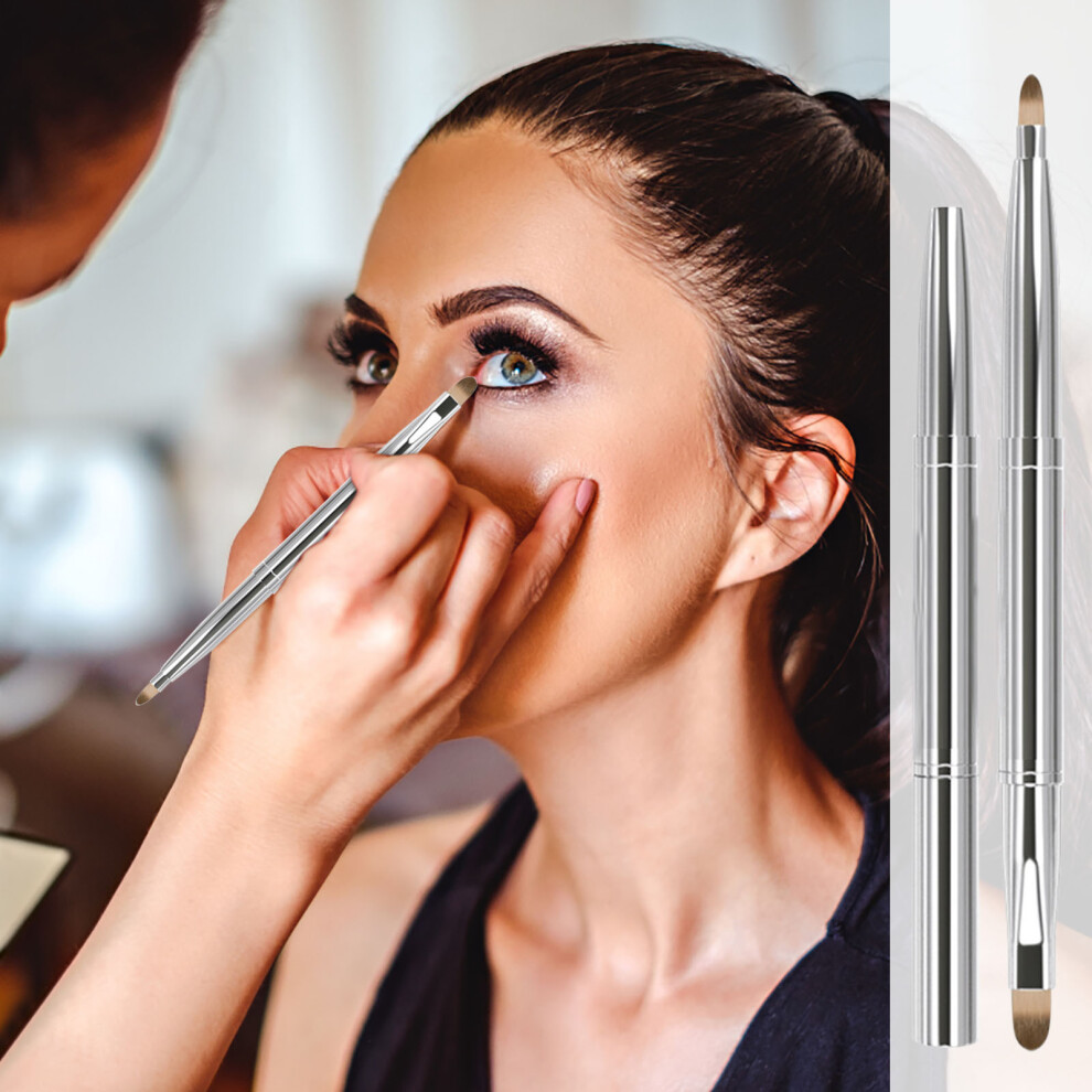 Silver (Silver) Portable Cover Metal Retractable Double-Ended Lip Brush Concealer Lipstick Brush