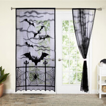 Halloween-Fledermaus- und Spinnennetz-Gardinen aus schwarzer Spitze, 40 x 84 Zoll (2