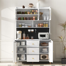 Mobile credenza da cucina alto con pannello forato, cassetti e gambe in legno, bianco.