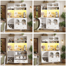Mobile contenitore moderno a LED con porte USB, presa elettrica, cassetto e ripiani in vetro, colore bianco.
