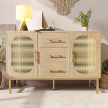 Credenza Sonoma in rovere e rattan, 3 cassetti, 2 ante, ripiani regolabili, antiribaltamento, 1204074 cm