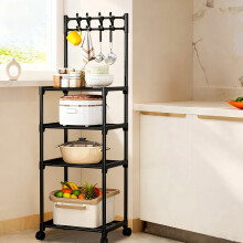 Carrello da cucina a 4 ripiani in plastica nera e acciaio