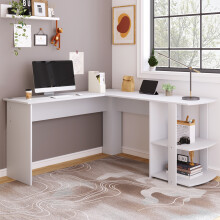 L-Shaped Corner Desk 140cm, Computer Corner Desk with 2 Shelves, Size 14014075cm, White