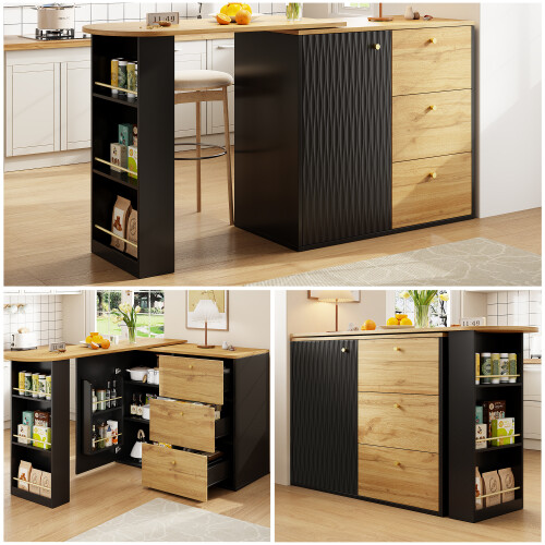 Îlot cuisine table bar 360 extensible rangement aspect bois 138-204cm