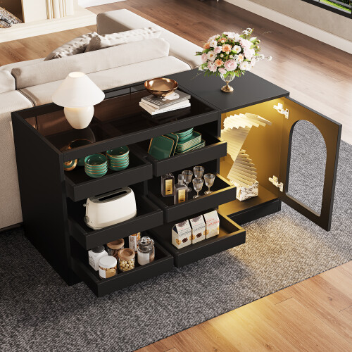 Schwarzer Moderner Sideboard mit 6 Schubladen, LED & Hohltür