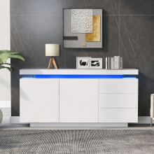 Credenza moderna lucida con luce LED, 2 ante e 3 cassetti, senza maniglie, bianca, 140x35x72,5 cm