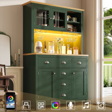 Credenza da cucina in stile rustico con luci LED, 4 ante e portabevande, verde/bianco