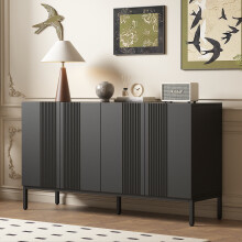 Credenza moderna dalle linee uniche, 4 ante, ante senza maniglie, per sala da pranzo, soggiorno e cucina (Nero)