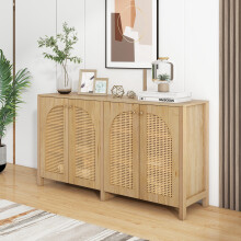 Modern minimalistisch houten dressoir, 4 rotan deuren met metalen handgrepen, buffetkast voor eetkamer woonkamer keuken