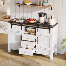 Credenza rustica bianca da 120 cm, con ante scorrevoli e 3 cassetti, mobile bar in legno per cucina e sala da pranzo.