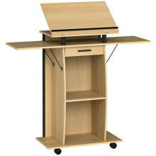 Verrijdbaar lessenaar, spreekstoel met inklapbare zijvleugels, laptoptafel met lade en planken, eikenhouten look