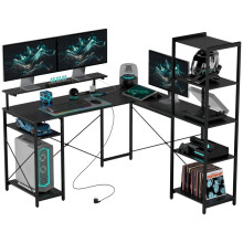 Zwart L-vormig hoekbureau, 137140139,5 cm, 6 planken, monitorstandaard, USB-aansluiting en stopcontact.