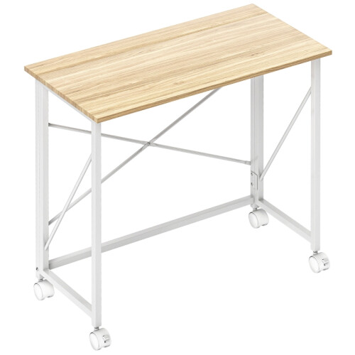 Mesa dobrável com rodízios, compacta, em aço e MDF, cor natural.