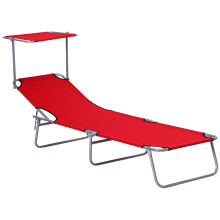Lettino prendisole pieghevole con parasole, ideale per giardino e spiaggia, colore rosso, dimensioni 187x58x36 cm.