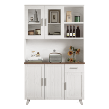 Credenza alta in legno bianco venato, dimensioni 114 x 40 x 190 cm, adatta per soggiorno e sala da pranzo.