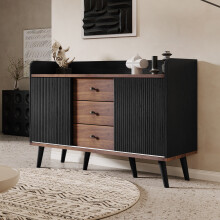 Credenza moderna color legno, venature pregiate, 3 cassetti e ripiani, H80L117,5P40cm per camera da letto e soggiorno