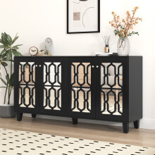 Credenza nera specchio maniglie cristallo 4 ante laminato mobile soggiorno sala pranzo 160x40x84cm