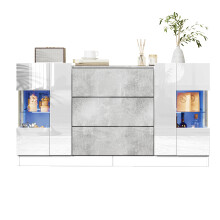 Buffet élégant blanc brillant, effet marbre gris, 2 portes, 3 tiroirs, éclairage LED 16 couleurs, 140 35 75 cm