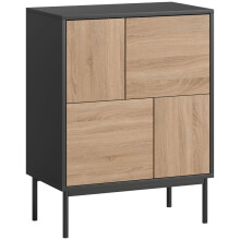 Credenza con ante a pressione, mobile da sala da pranzo con gambe in metallo, mobile da cucina, MDF, nero + legno naturale