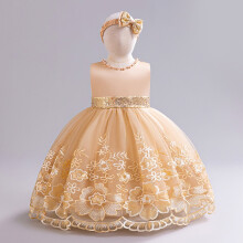 (Champagne, 70cm) One-year-old dress European and American embroidered mesh skirt baby girl dress