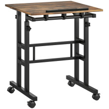 In hoogte verstelbaar bureau, keukentafel met plank, wielen, rustiek bruin computerbureau, 60 x 60 x 70,5-120 cm