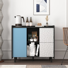 Mobile nero con ante blu, 2 cassetti e 2 vani a giorno, credenza moderna di design per cucina e sala da pranzo.