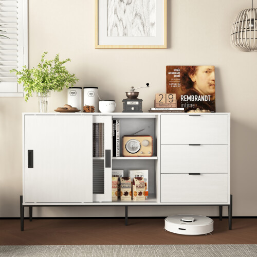 Weißer Sideboard mit Glasschiebetür & 3 Schubladen