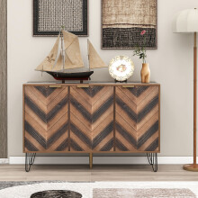 Elegante credenza a 3 ante con impiallacciatura in legno testurizzato, dettagli dorati e ripiani interni.
