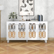 Credenza bianca con specchio e maniglie in cristallo, 4 ante, 160x40x84 cm