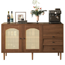 Credenza in stile rustico con ante in rattan, 13075,540 cm, chiusura magnetica, ripiani regolabili.