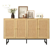 Credenza 140x39,5x80 cm con intreccio in rattan autentico, 4 ante