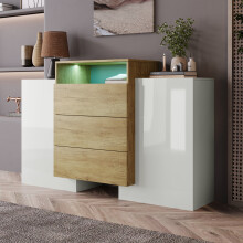 Credenza moderna lucida con illuminazione a LED, 140 cm, finitura bianca e legno.