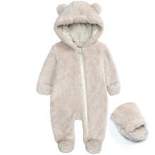 Hooded Coral Fleece Baby Romper with Bear Hood – Newborn