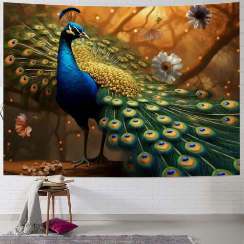 Tapeçaria de parede com pavão e penas douradas, 40x60 polegadas