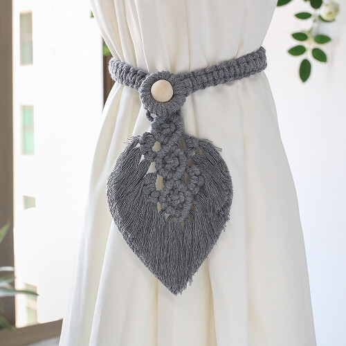 Boho leaf tassel curtain tiebacks cotton hand-knitted 2 pcs