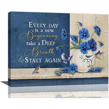 Tableau sur toile avec oiseau et fleurs bleues